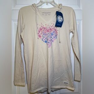 Life Is Good Woman’s Crusher-Lite Hooded Ivory Daisy Heart Shirt Small NWT